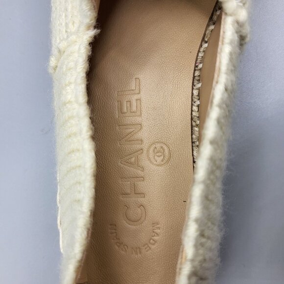 Chanel Beige Knit & Black Leather Espadrilles Size 37 B G29762 Made in Spain - Picture 13 of 16
